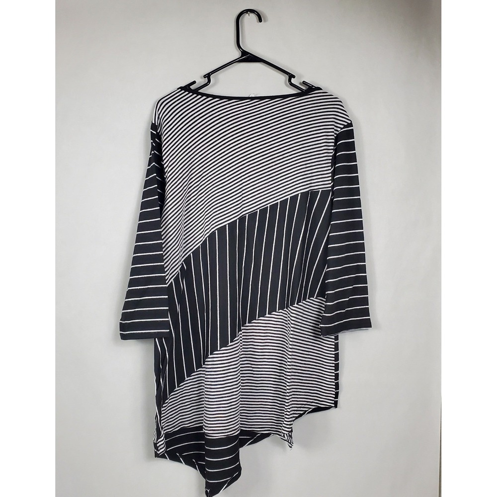 NY Collection Woman Black White Striped Asymmetric Tunic 3/4 Sleeve Top ZKPU0563 - Picture 2 of 8